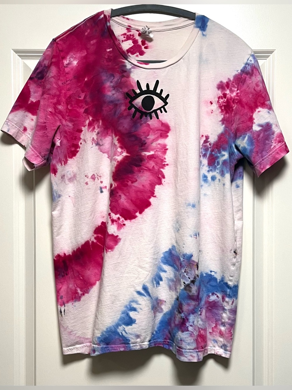 Boho Lightweight Tee Whimsical Block Print Tie Dye Third Eye Pink Purple Blue L